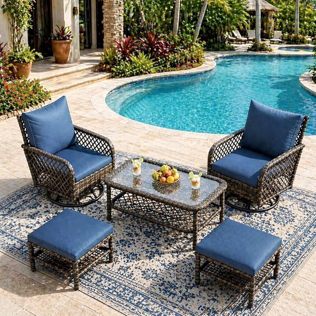AECOJOY 5-Piece Rattan Patio Conversation Set with 2 High-Back Swivel Rocking Chairs, 2 Ottomans, and a Central Table, Dark Blue