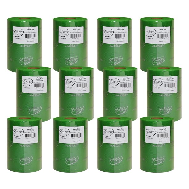 Expo International Tul decorativo mate, rollo/carrete de 6 x 100 yardas, tela ligera de tul de poliéster para tutús, disfraces y decoraciones de fiesta, lavable, fácil de usar, paquete de 12, verde