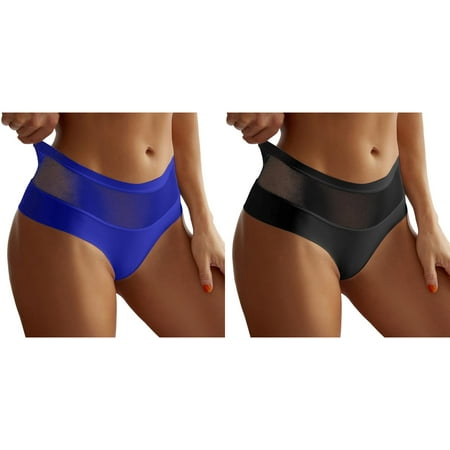 Lojoutye 2 Pack(Black 1PCS & Blue 1PCS) Multipack Women Mesh Bow Embroidered Lace Transparent String Underwear Back Bandage Hollow Out Panties String Briefs