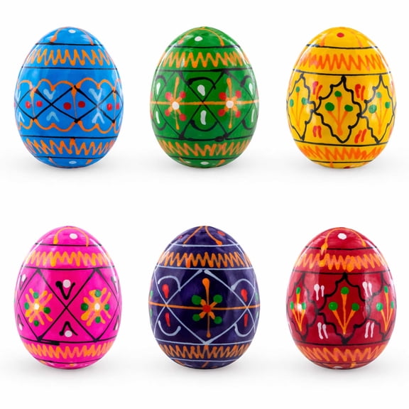 Set of 6 Mini Geometric Ukrainian Pysanky Wooden Easter Eggs 1.6 Inches