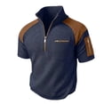 thumbnail image 3 of Men's Color Block Top 48%Polyester 38%Rayon 11%Cotton 3%Spandex Short Sleeve Zipper Stand Collar Casual Shirt Fashion Breathable Work Golf Travel | Zenithor,Navy S, 3 of 9