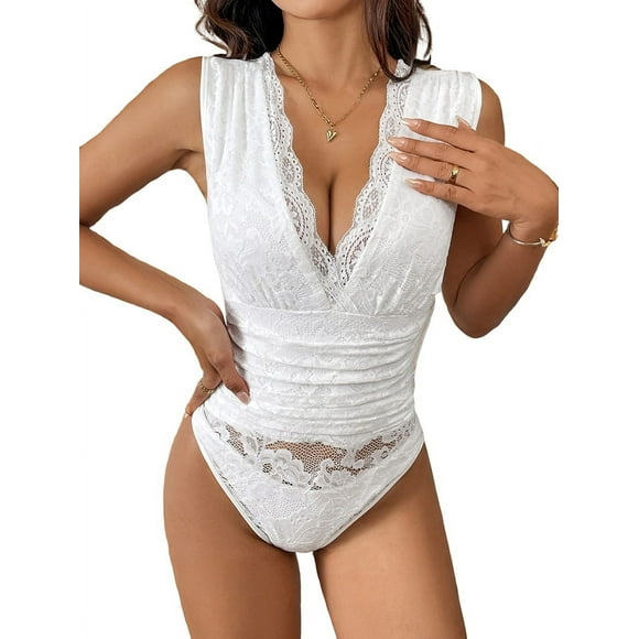 Women'S See Through Lace Bodysuits Sleeveless Deep V Neck Body Suits White XL