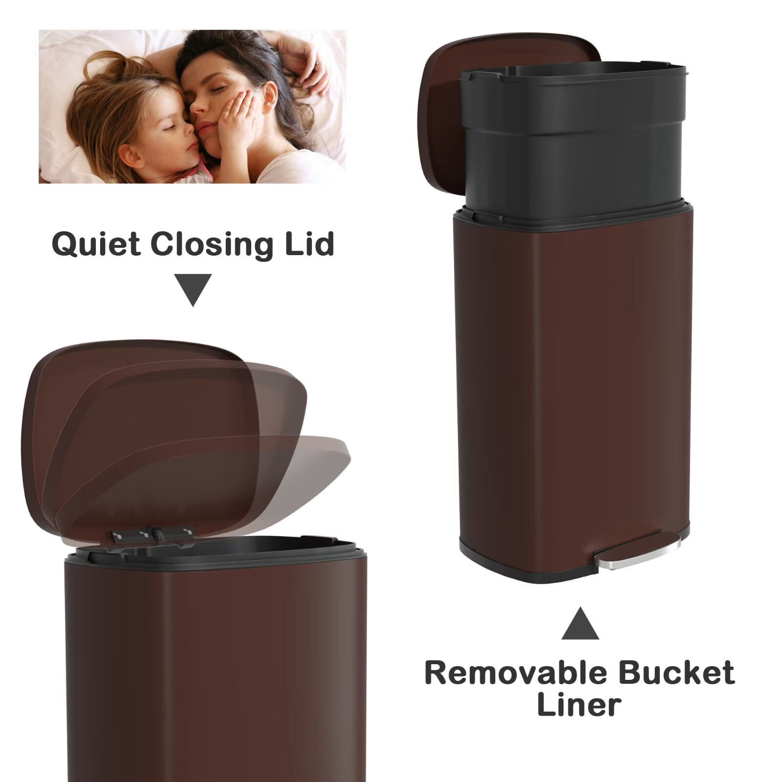 YRLLENSDAN 50 Liter/13 Gallon Stainless Steel Trash Can, Garbage Can with Lid and Removable Inner Bucket, Fingerprint Proof Trash Bin for Bathroom Kitchen Bedroom Office, Brown