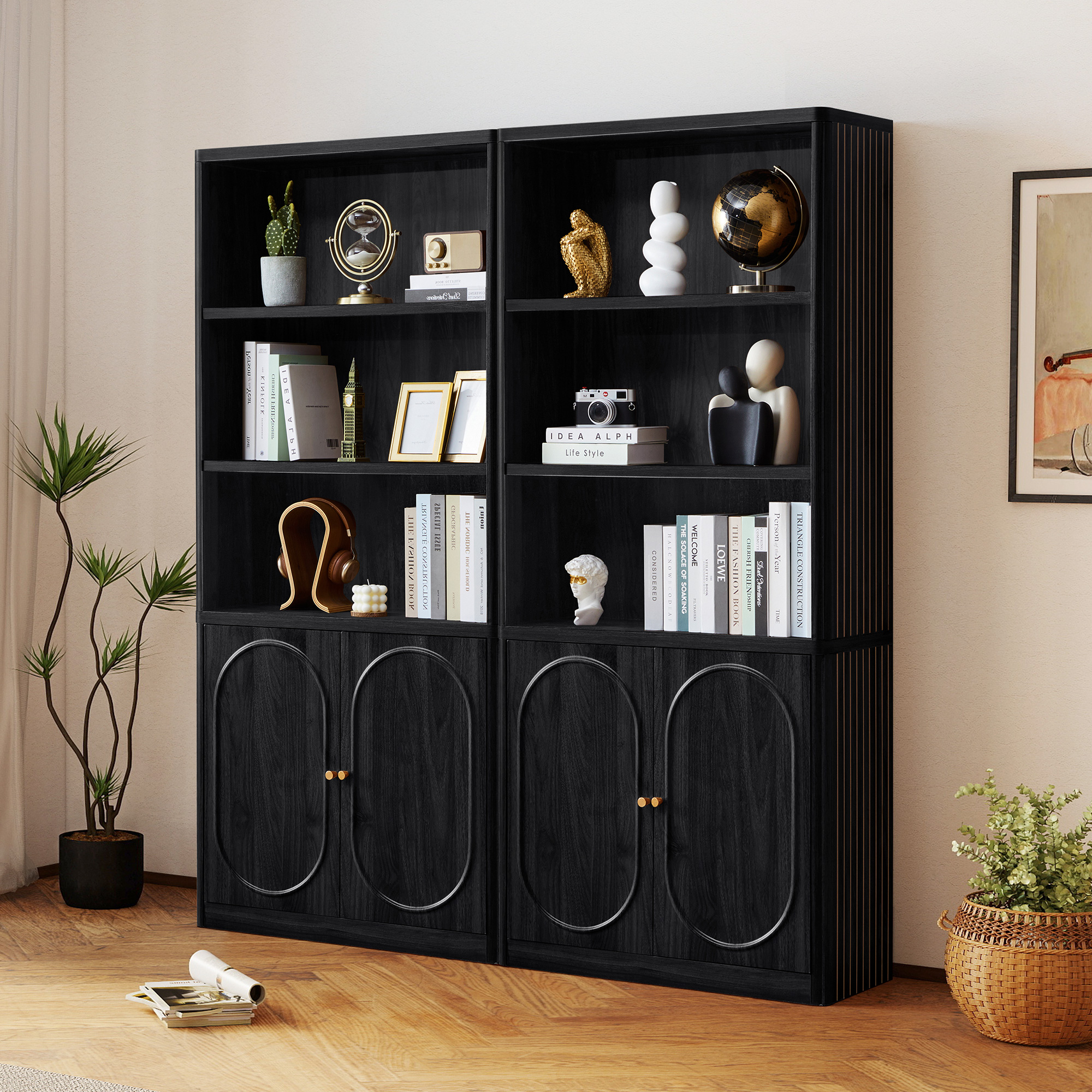Weselon 5 Tier Bookcase with Storage Cabinet, Tall Bookshelf with Display Cubicles, Farmhouse Large Bookcase for Home Office Living Room, Black
