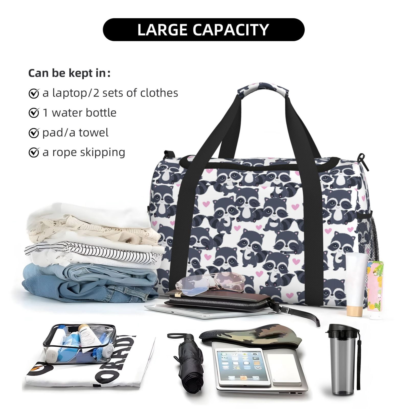 Defioc Cartoon Raccoon Print Hand Travel Bag - Foldable Travel Duffel Bags for Men Women -Sport Gym Bag - Overnight Travel Duffel Bag - Adjustable Shoulder Strap