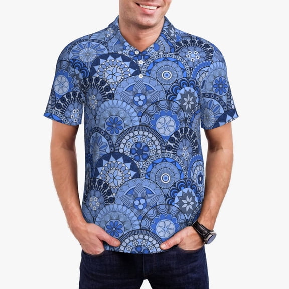 Vsdgher Blue Mandala Harmony Polo Shirts for Men, Men's Short Sleeve Stretch Polo Shirt, Shirts for Men-Small
