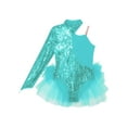thumbnail image 2 of DPOIS Kids Girls Sequin One Shoulder Dance Dress Skirted Leotard Jazz Costume Blue Green 8, 2 of 5