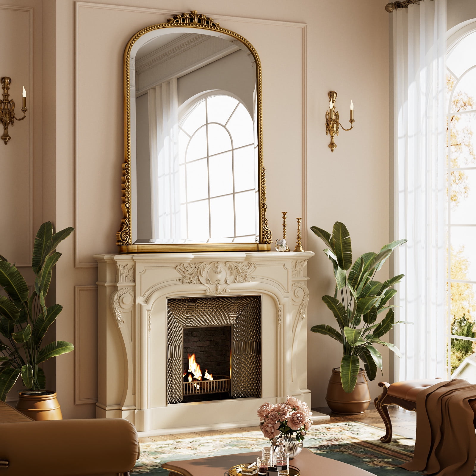 GRAHMCY 40"x 28" Arched Bathroom Mirror Hanging Vanity Mirror Decor Wall Mirror, Antique Gold