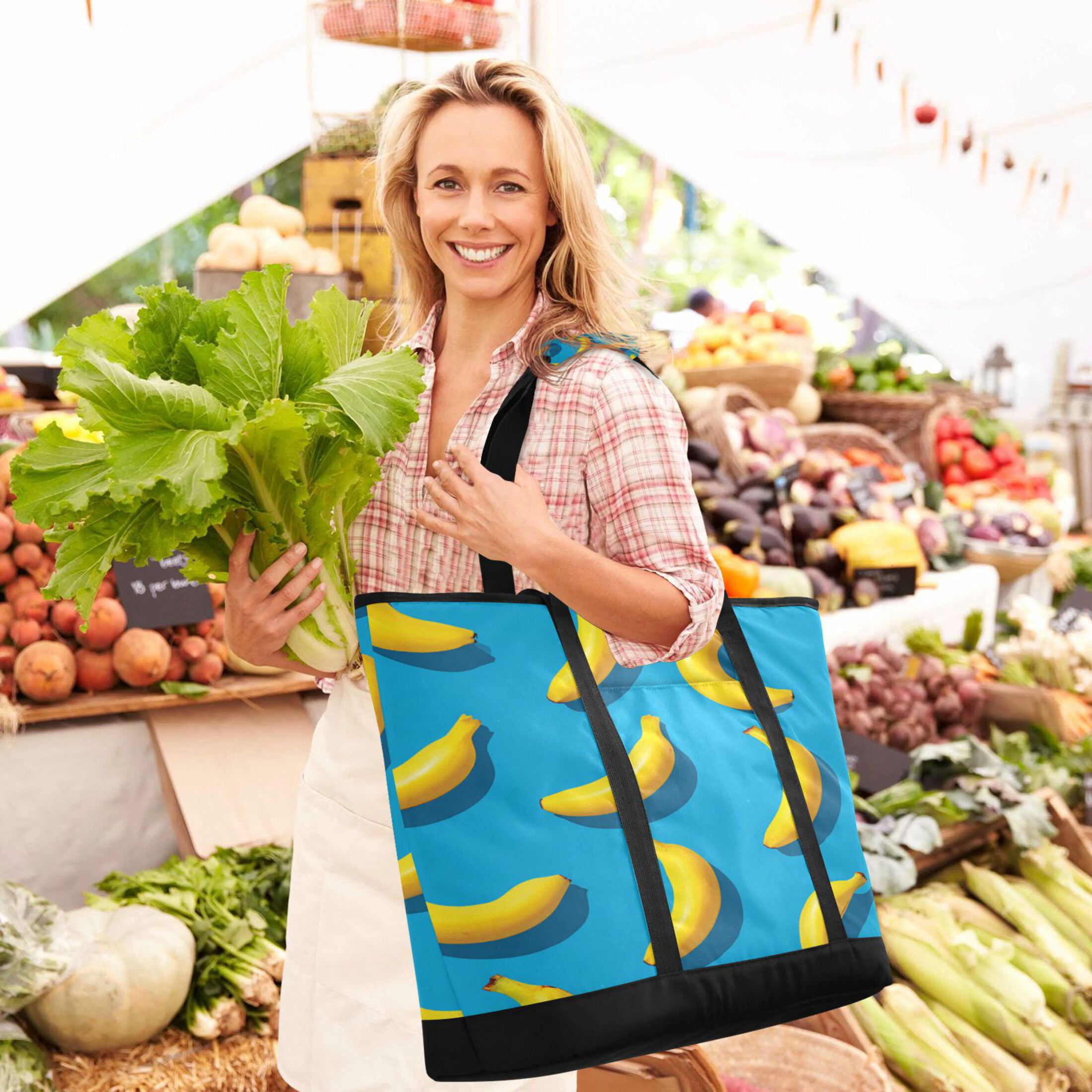 Extra-Large Wide Opening Design Capacity Hand-Held Ice Pack Thickened Insulation Layer For Long-Lasting Cold Retention For Outdoor Shopping Picnics And Camping Simple Bananas Pattern