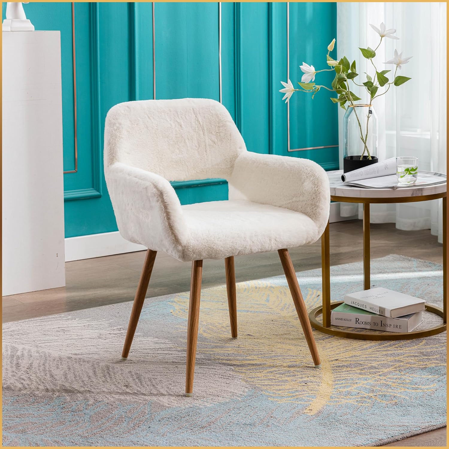 CRXX Desk Chair, Modern Home Office Chair Without Wheels, Faux Fur Vanity Chair with Hollow Backrest, Comfy Armchair Wood Frame with Strudy Metal Legs, White