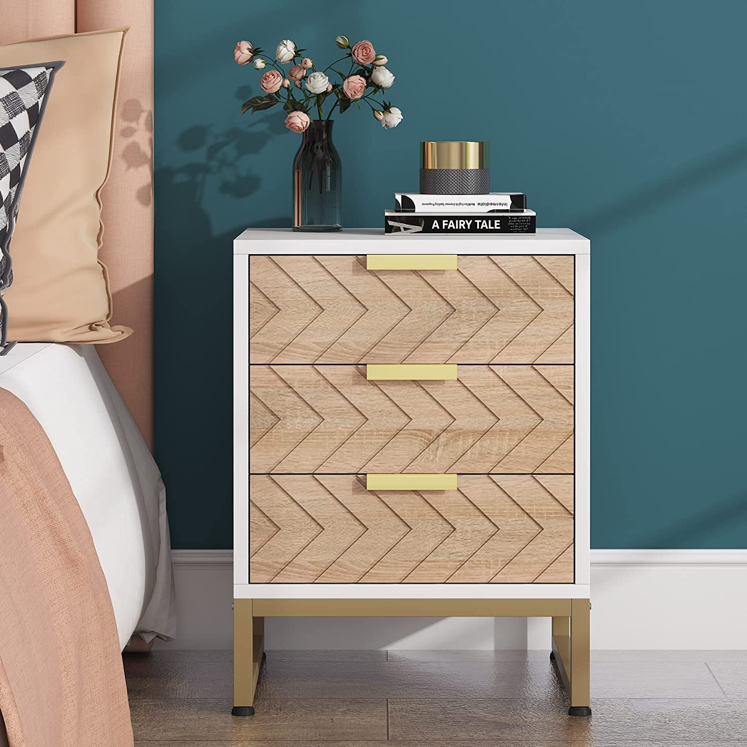 Tribesigns 3 Drawers Nightstand Set of 2, Modern Bedside Table with Unique Chevron Design for Bedroom (White & Wood Color)