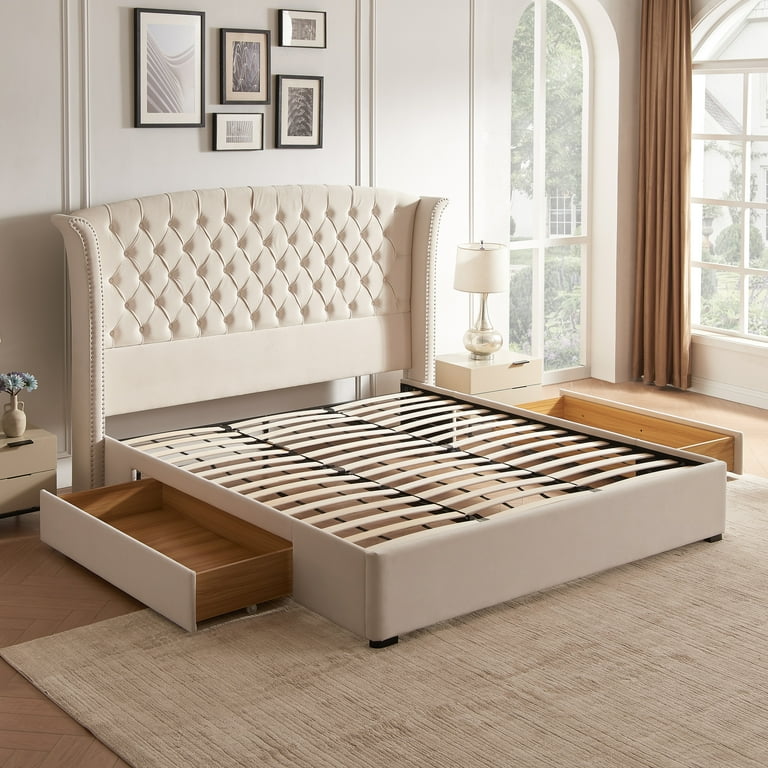 Walmart King Size Beaded Velvet Wingback Bed Frame with Upholstered Headboard Button Tufted Storage Drawers Beige Walmart