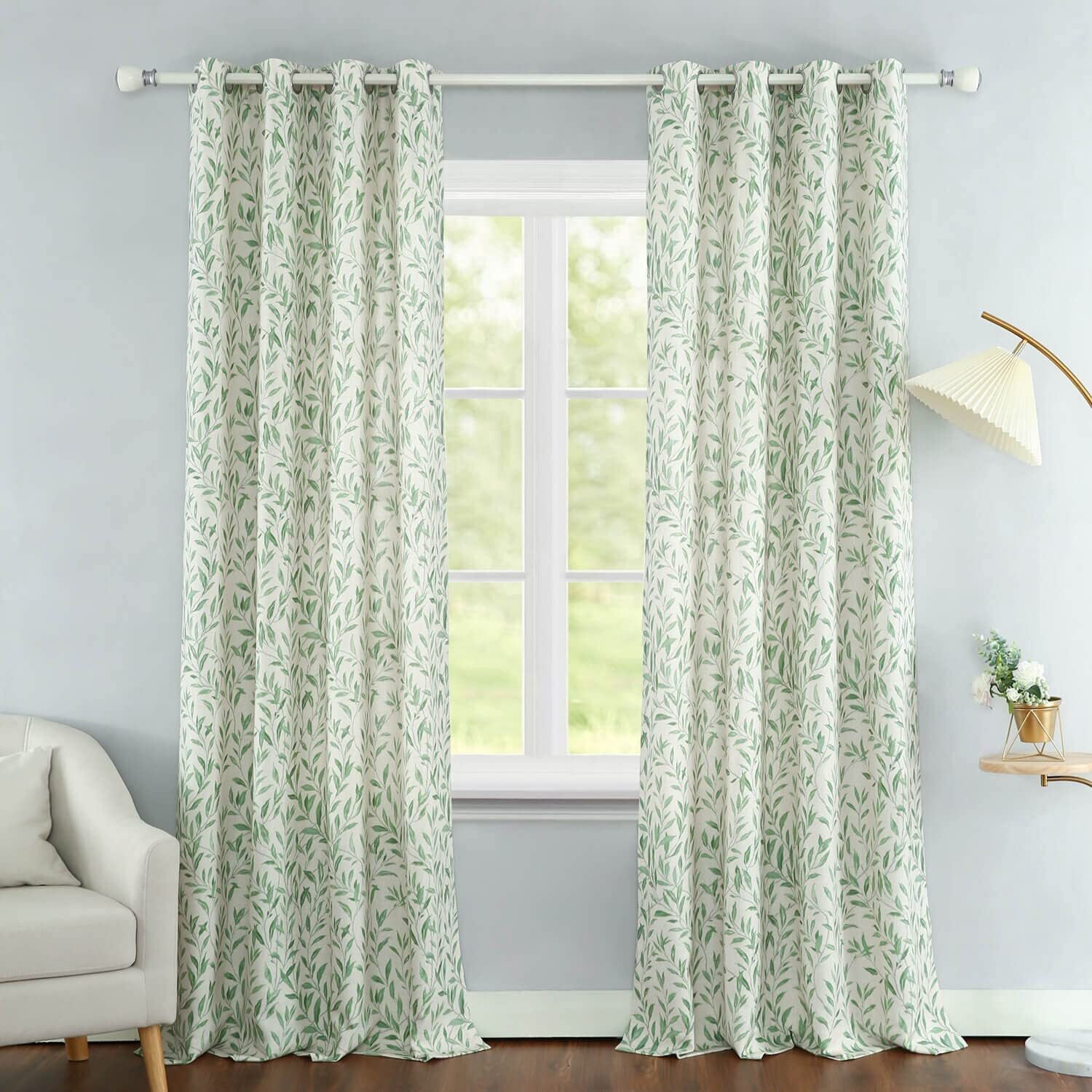 VOGOL Leaves Printed Decorative Farmhouse Window Treatments, Light Filtering Draperies for Bedroom Home Office, W52"xL96", One Panel, Green
