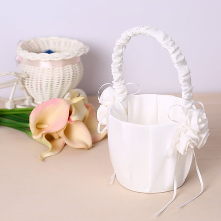 White Satin Wedding Flower Girl Basket With Floral Decoration