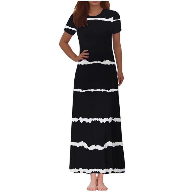 Robes pour Femmes Mode Imprimées à Manches Courtes à Col Rond Robe Longueur Cheville Robes Boho pour Femmes Grande Taille Noir m