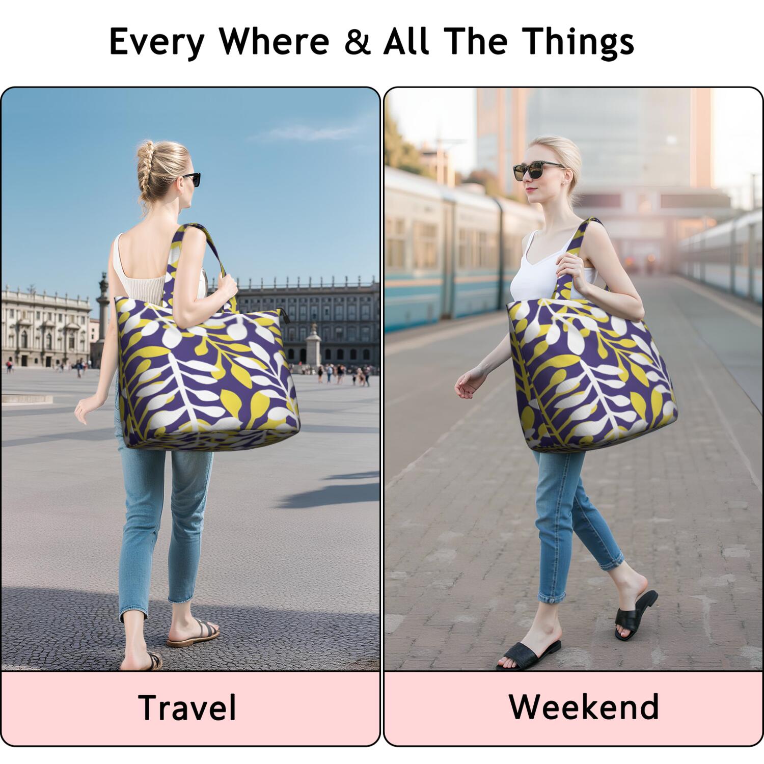 Purple Leaf Pattern Travel Tote Bags for Women Carry On,Large Weekender Bags for Women Travel,Multi Functional Duffle Bag for Work,Shopping,Sports