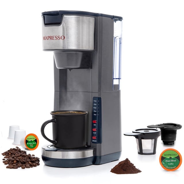 Mixpresso Cafetera de una porción Compatible con cápsulas K-Cup y café molido Cafetera de 30 oz Una porción 5 tamaños de preparación Se adapta a una taza de viaje de hasta 14 oz Cafetera gris Bandeja Mixpresso NA