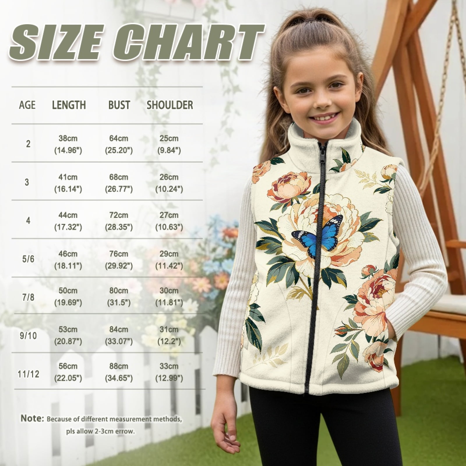 Xoenoiee Butterfly Peony Flower Print Girls Fleece Vest Outerwear Sleeveless Lightweight Zip Jackets Warm Soft Vests with Zipper and Pockets, Size 7-8 Years