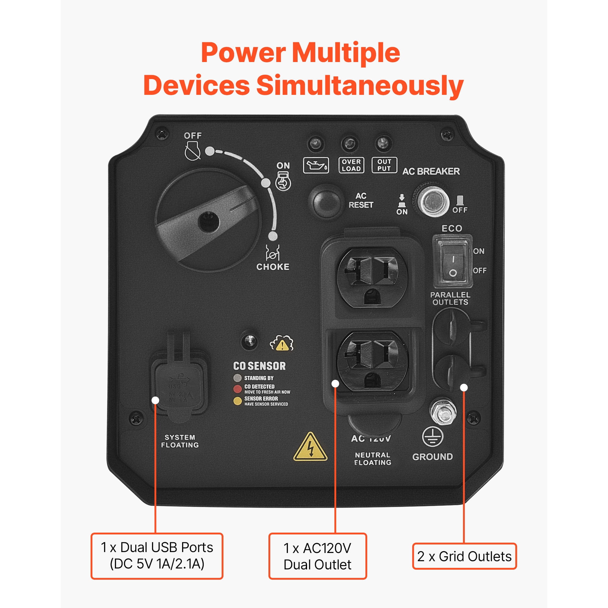 KFFKFF Portable Gas-Powered Inverter Generator, 2900W Peak Output, Quiet Operation for Home Use, Compact Design with CO Sensor, Orange/Black
