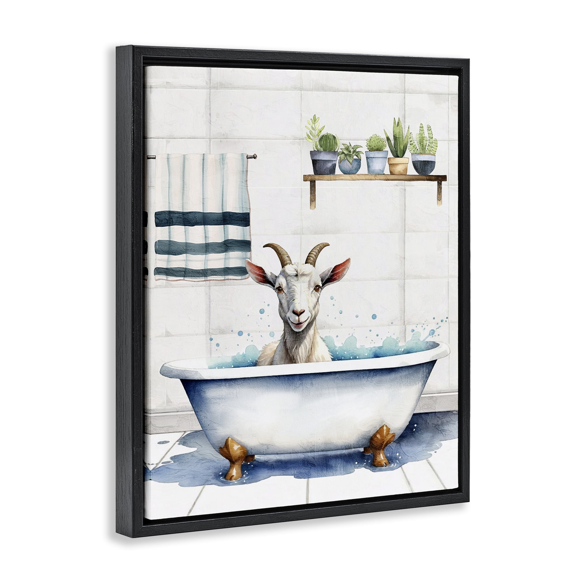 Stupell Industries Goat Bathtime Suds Bath & Laundry Painting Black Floater Framed Canvas Art Print Wall Art, 17 x 21