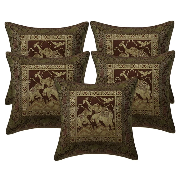 Stylo Culture Indian Sofa Throw Pillow Covers 16 x 16 Jacquard Dark Brown Square 40x40 cm Home Decor Brocade Elephant Floral Zippered Cushion Covers | Set Of 5