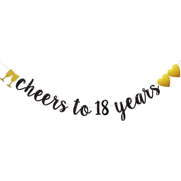 Cheers to 18 Years Banner, Pre-Strung, Black Glitter Paper Banner for 18th Birthday/Wedding Anniversary Party Decorations Supplies, No Assembly Required,Letters Black,
