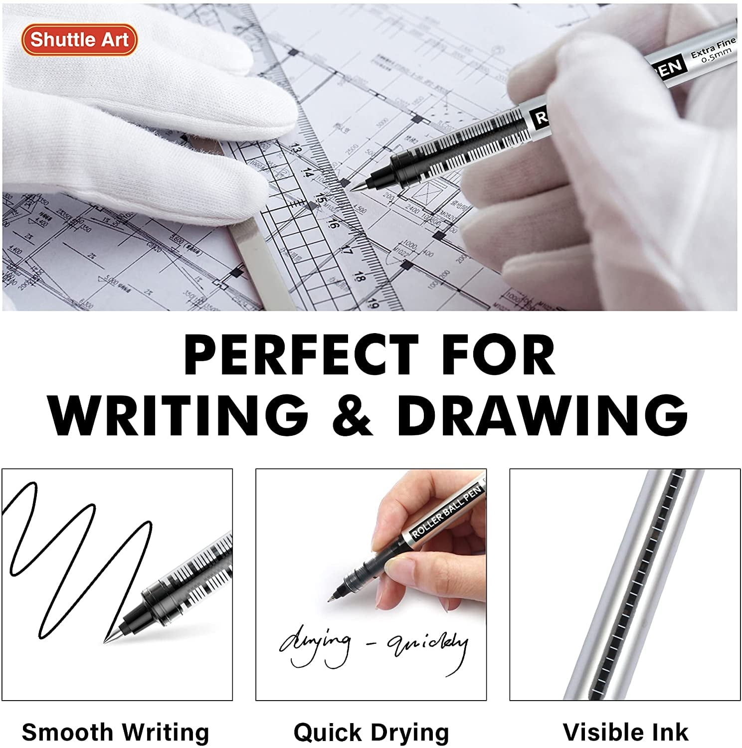 RollerBall Pens, Shuttle Art 25 Pack(21 black 2 blue 2 red) Fine Point Roller Ball Pens, 0.5mm Liquid Ink Pens for Writing Journaling Taking Notes