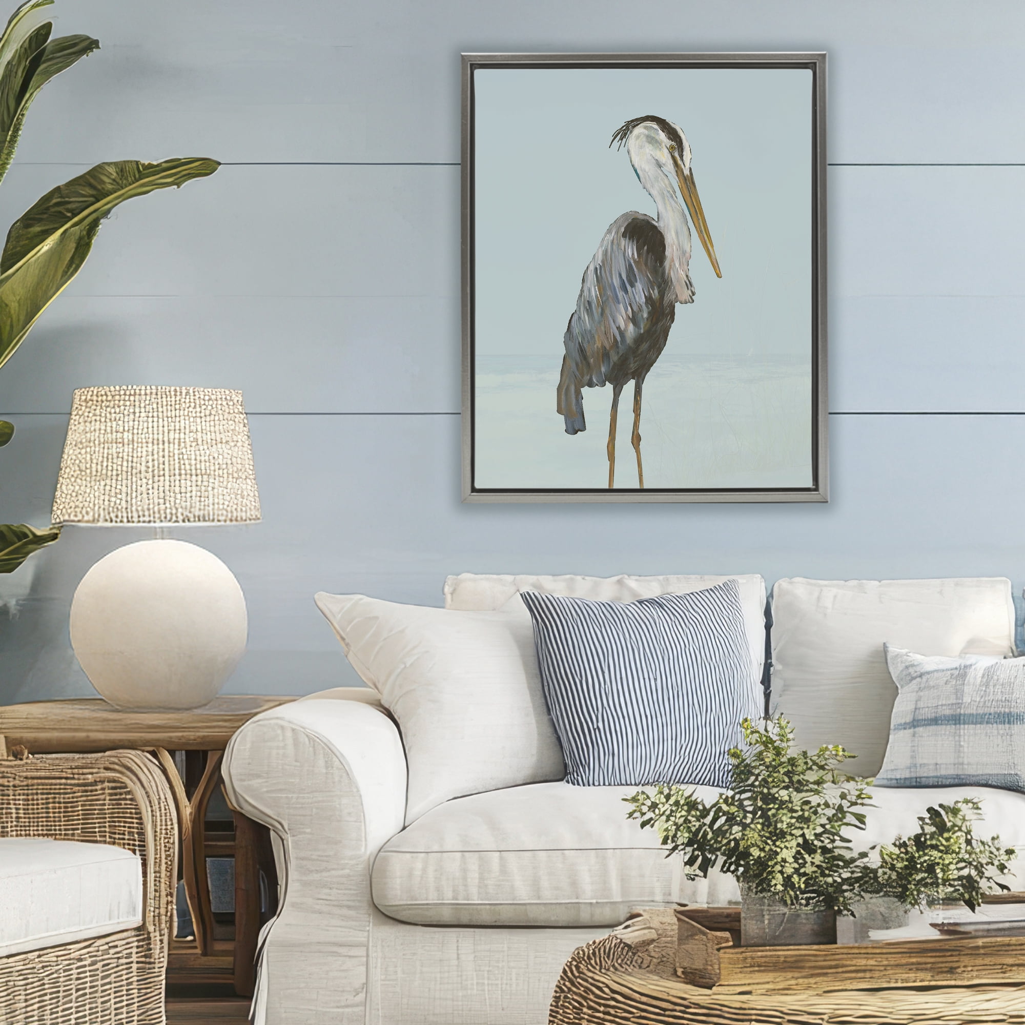 Stupell Industries Coastal Pelican Muted Blue Gray Framed Floater Canvas Wall Art, design by Julie DeRice