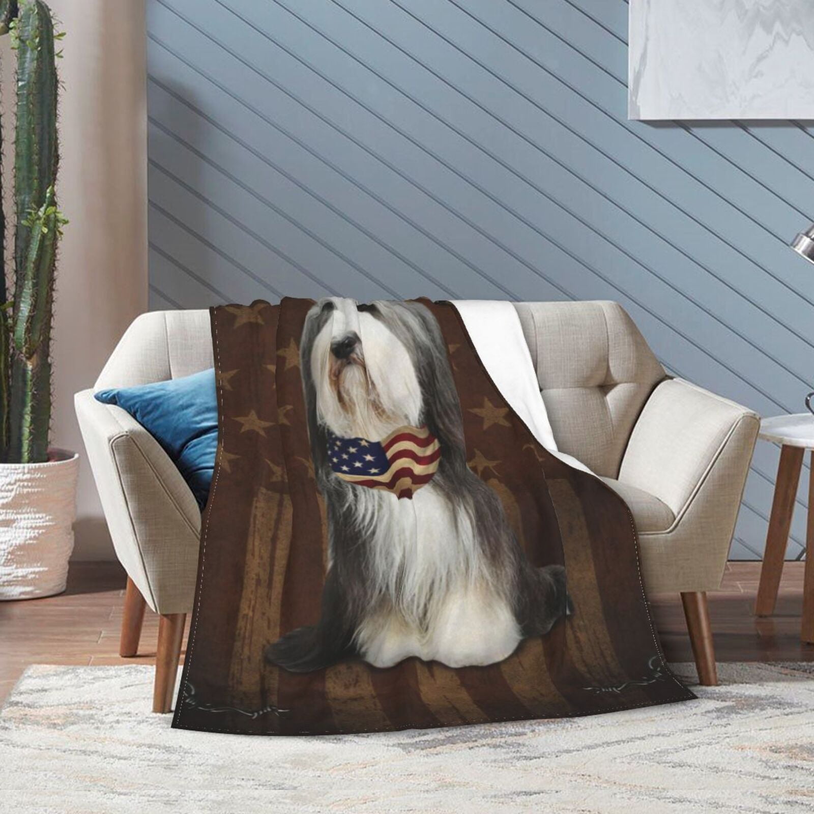 Wijzvio Bearded Collie Dog With Vintage American Flag Throw Blanket Soft Fuzzy Fleece Blanket For Couch Bed Living Room Decoration 60"X50"