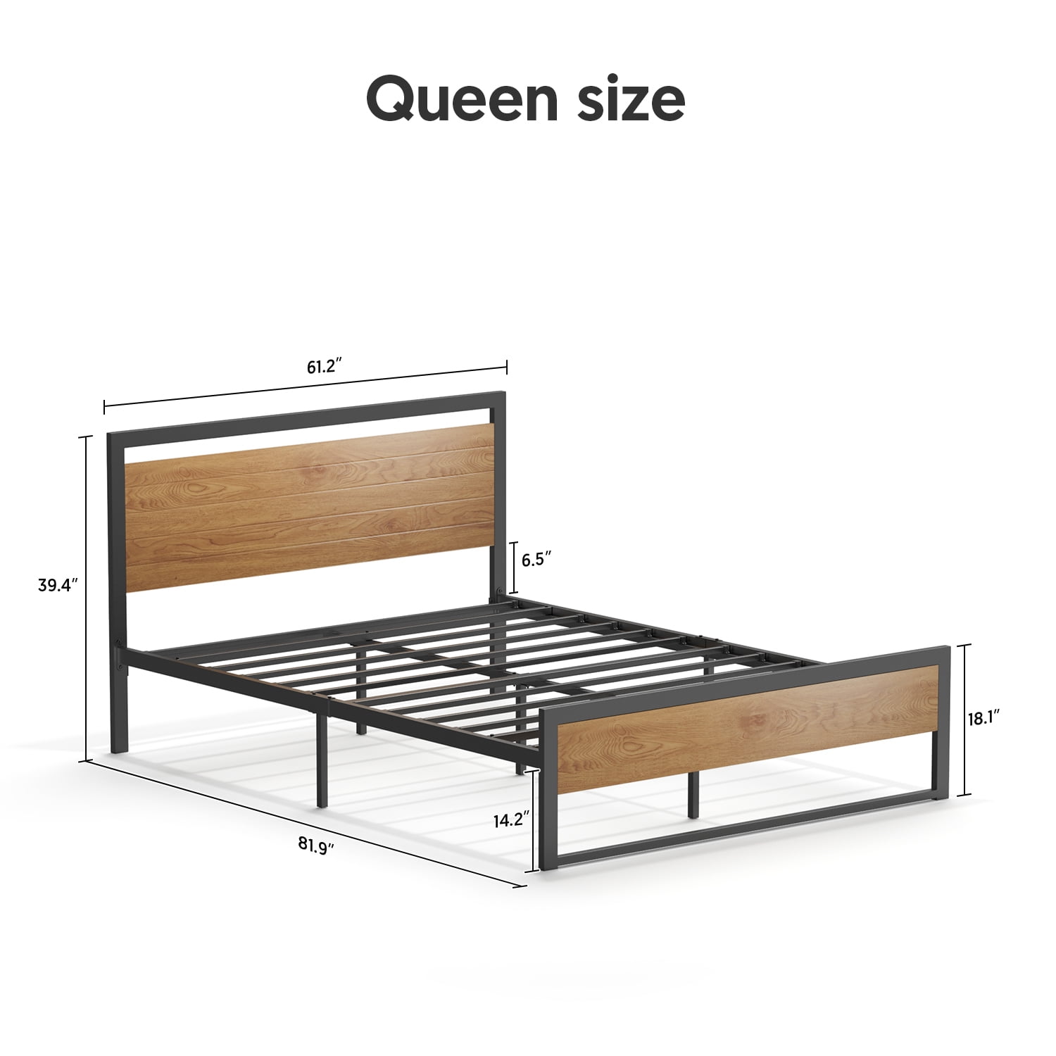 Queen Size Bed Frame Steady Steel Platform with Wood Headboard/Footboard