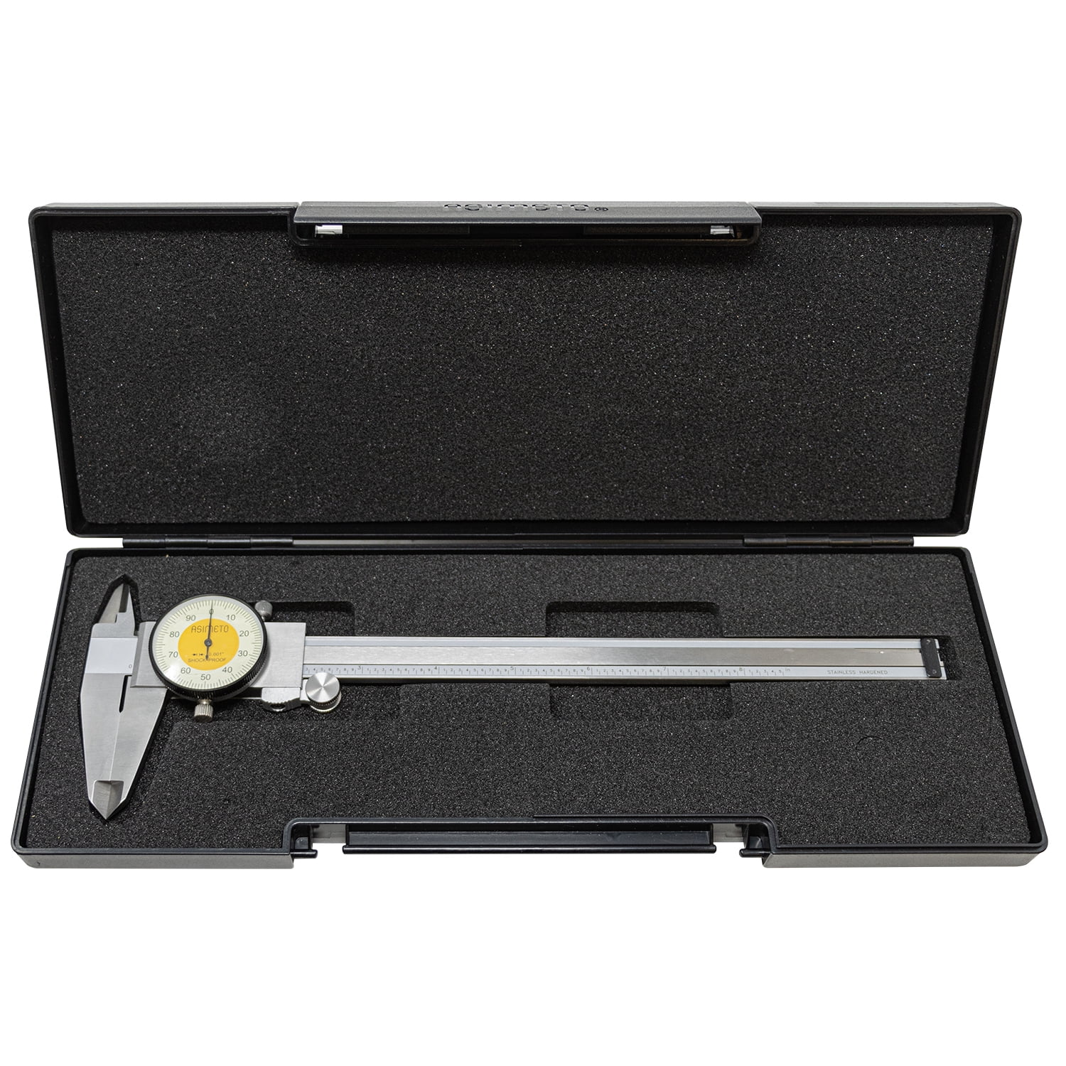 Asimeto 7303081 0-8" Dial Caliper| Graduation: 0.001", Jaw Length: 3/4", Range Per Revolution: 0.1"| Material: Stainless Steel| Preloaded Dual Pinions| Thumb Roller Included