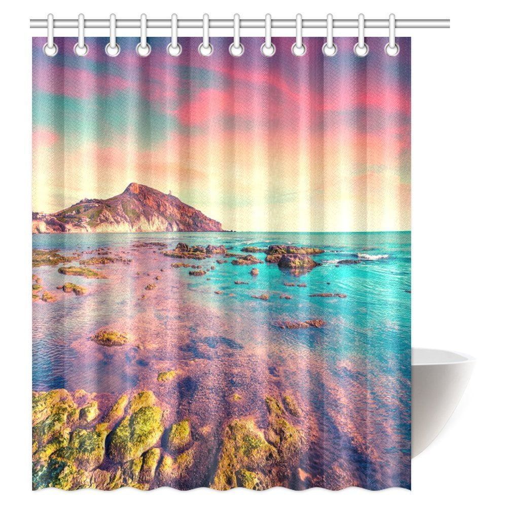 Pop Beach Shower Curtain Decor Sea Waves Rocks Dramatic