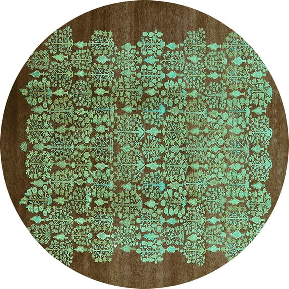 Ahgly Company Machine Washable Indoor Round Oriental Turquoise Blue Industrial Area Rugs, 7' Round
