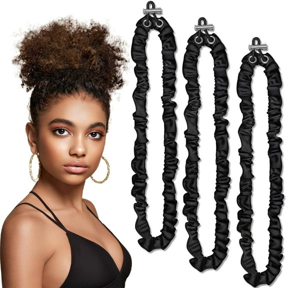 MODANU 3 Pcs Adjustable Drawstring Silky Satin Scrunchies Non Slip Ouchless Hair Ties for Thick Afro Puff, Locs, Natural Hair, Ponytails, Curly Hair and Dreadlock (Black)