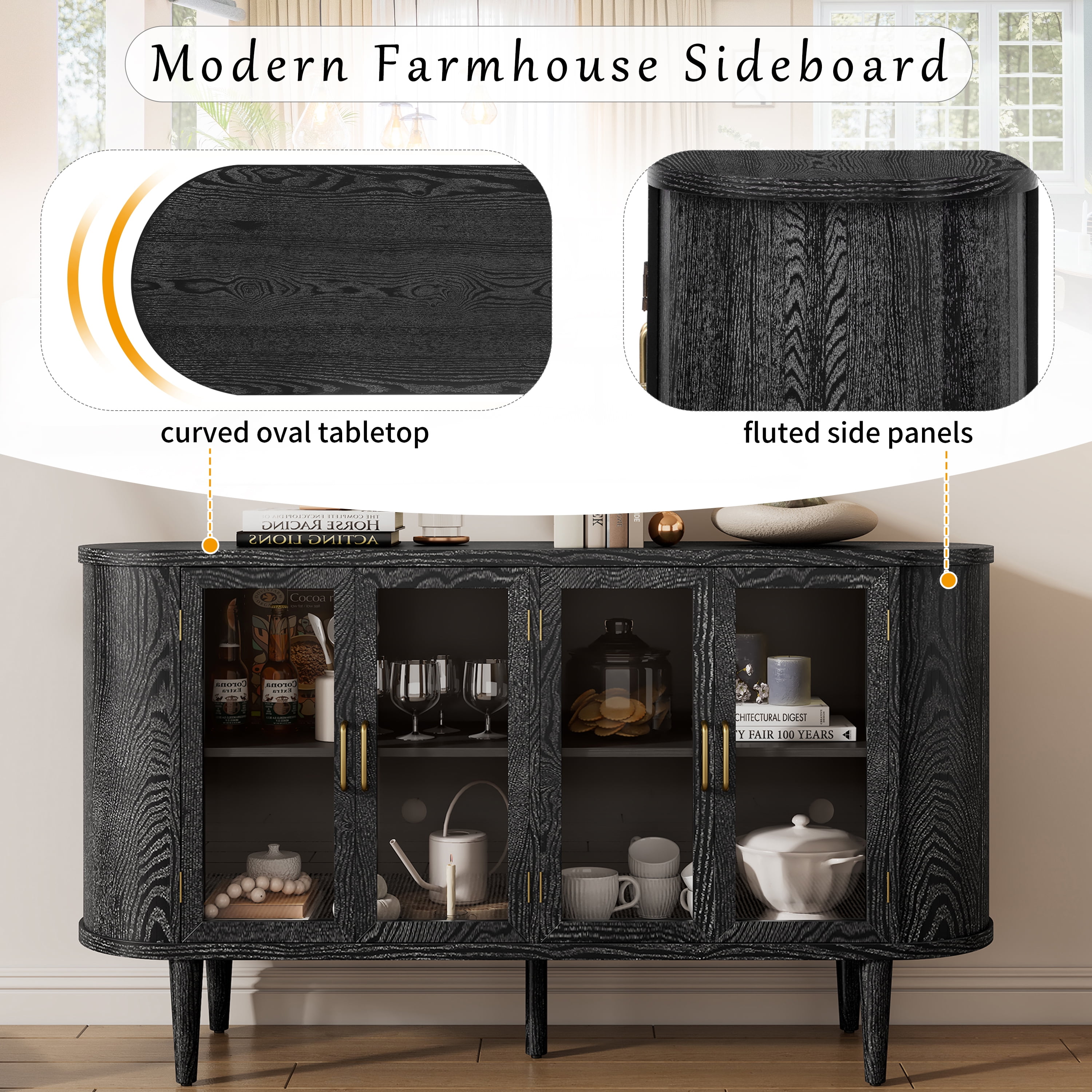 Euroco Farmhouse Sideboard Buffet Cabinet with Storage,60" Wood Coffee Bar Cabinet with Glass Doors & Adjustable Shelves for Kitchen Dining Room,Black