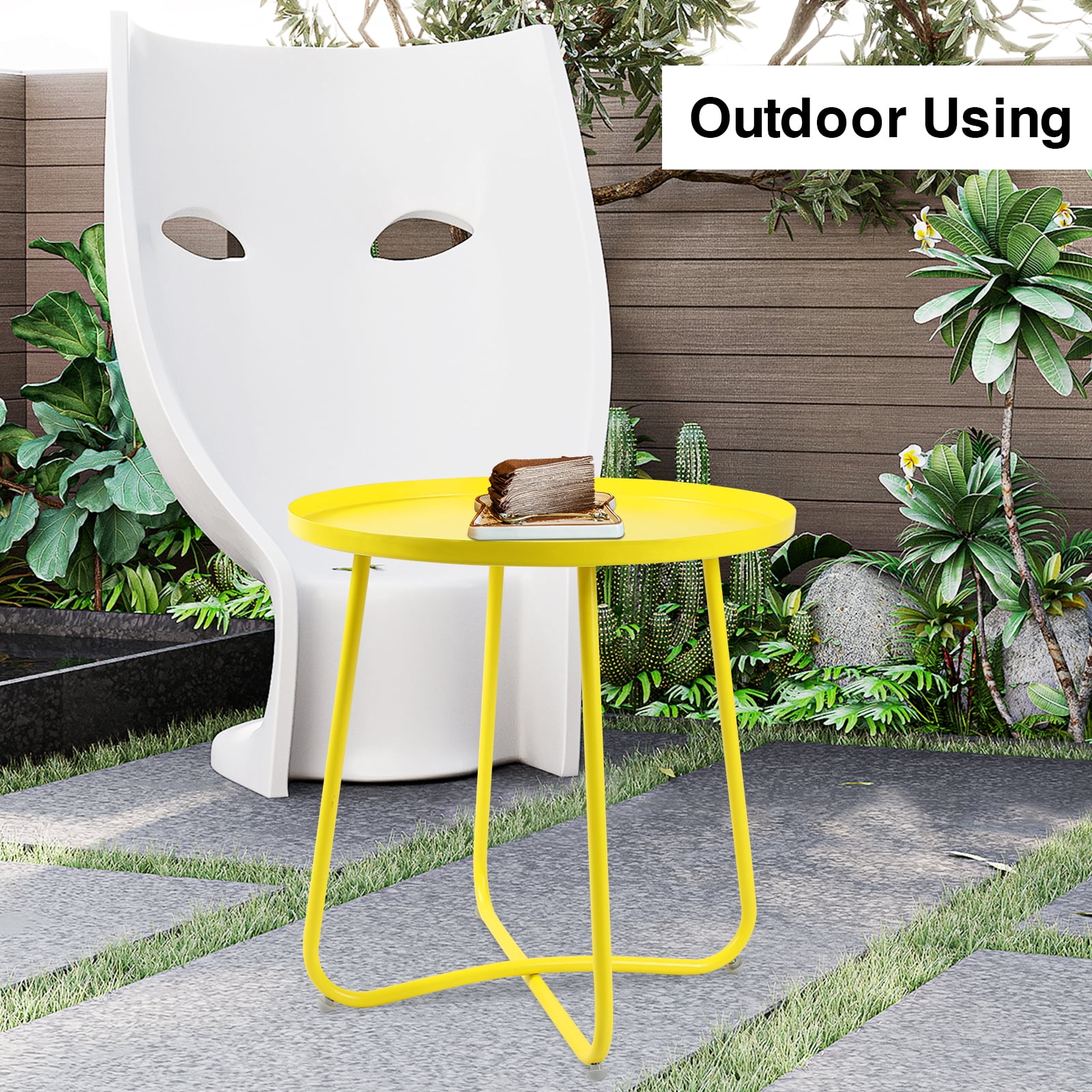 Ztysn Round Metal Side Table,Rust Resistant 17.7'' Outdoor End Table with Adjustable Footpads,X-Shaped Patio Plant Stand for Balcony Garden Living Room,Yellow