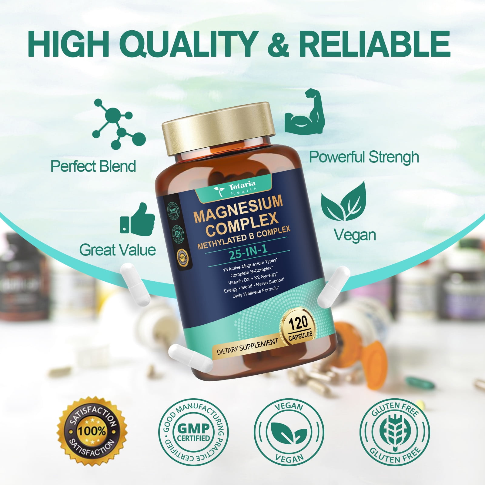Totaria 25-in-1 Magnesium Complex with Methylated B Complex & D3 K2, Supplement for Relaxation, Energy & Nerve Support, 120 Vegan Capsules