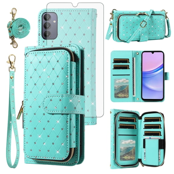 Asuwish Compatible with Samsung Galaxy A15 5G/4G Wallet Phone Case Tempered Glass Screen Protector Bling Glitter Crossbody Lanyard Strap Flip Zipper Purse Card Holder Cell Cover for A 15 G5 15A Green