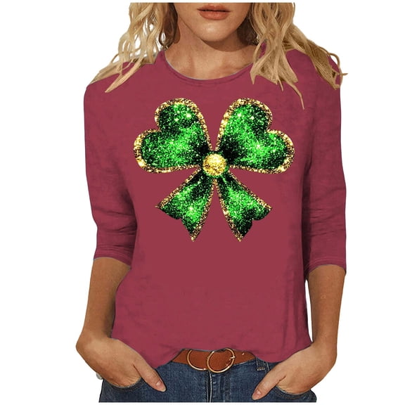 Womens Funny St Patricks Day Shirts 3/4 Sleeve Crewneck Green Graphic Comfy Casual Loose Fit Tee Shirts Pullover Tops (5XL, Red)