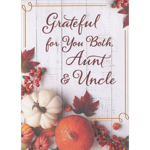 Designer Greetings Grateful for You Both: Pumpkins, Gourds, Cranberries on White Planks Thanksgiving Card for Aunt and Uncle