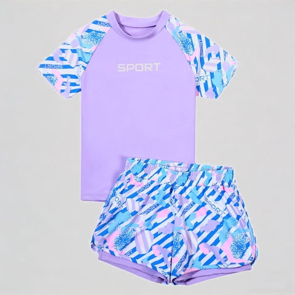 REDARER Girls' 2-Piece Swim Set – Short-Sleeve Rash Guard & Patterned Trunks, Stylish Beach/Pool Swimwear,150