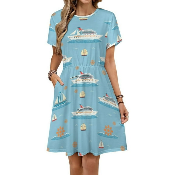 Ocean Cruise Ships Dress Fashion Beach Short Sleeve Dresses Female Party Printed Sundress