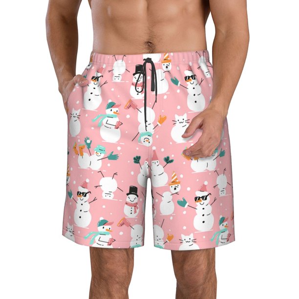 Balery Cute Pink Snowman Cat Traje de Baño Estilo Hawaiano para Hombre, Shorts de Secado Rápido con Bolsillos-XX-Large