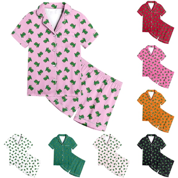 Vrotazzy Girls Pajama Set,Adorable Dinosaur Print Girls Set Short Sleeve Button Down Pajamas Shorts Outfit Kids Nightwear,6-7 Years