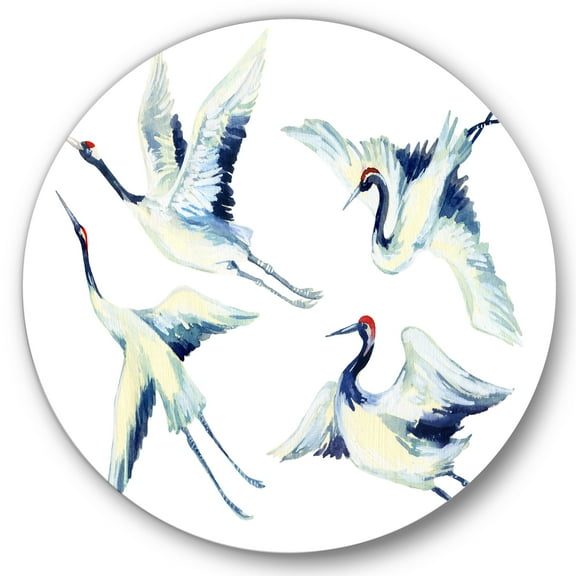 Designart 'Asian Crane Bird Impression II' Traditional Circle Metal Wall Art 36x36 - Disc of 36