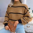 thumbnail image 5 of Womens Mock Neck Striped Chunky Knitted Sweater Winter Long Sleeve Pullover Sweaters Tops Khaki S, 5 of 9
