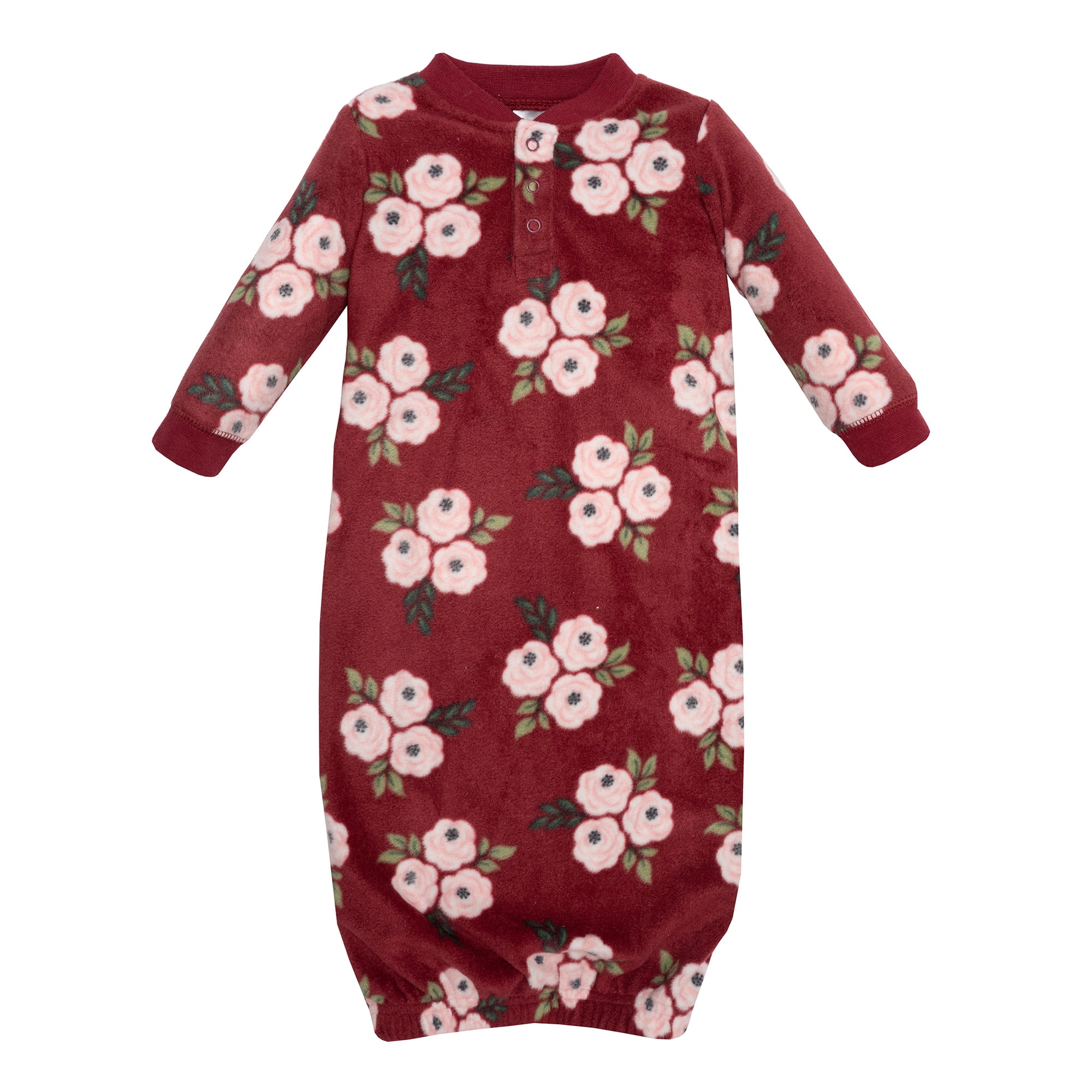 Hudson Baby Infant Girls Fleece Gowns, Burgundy Floral, 0-6 Months