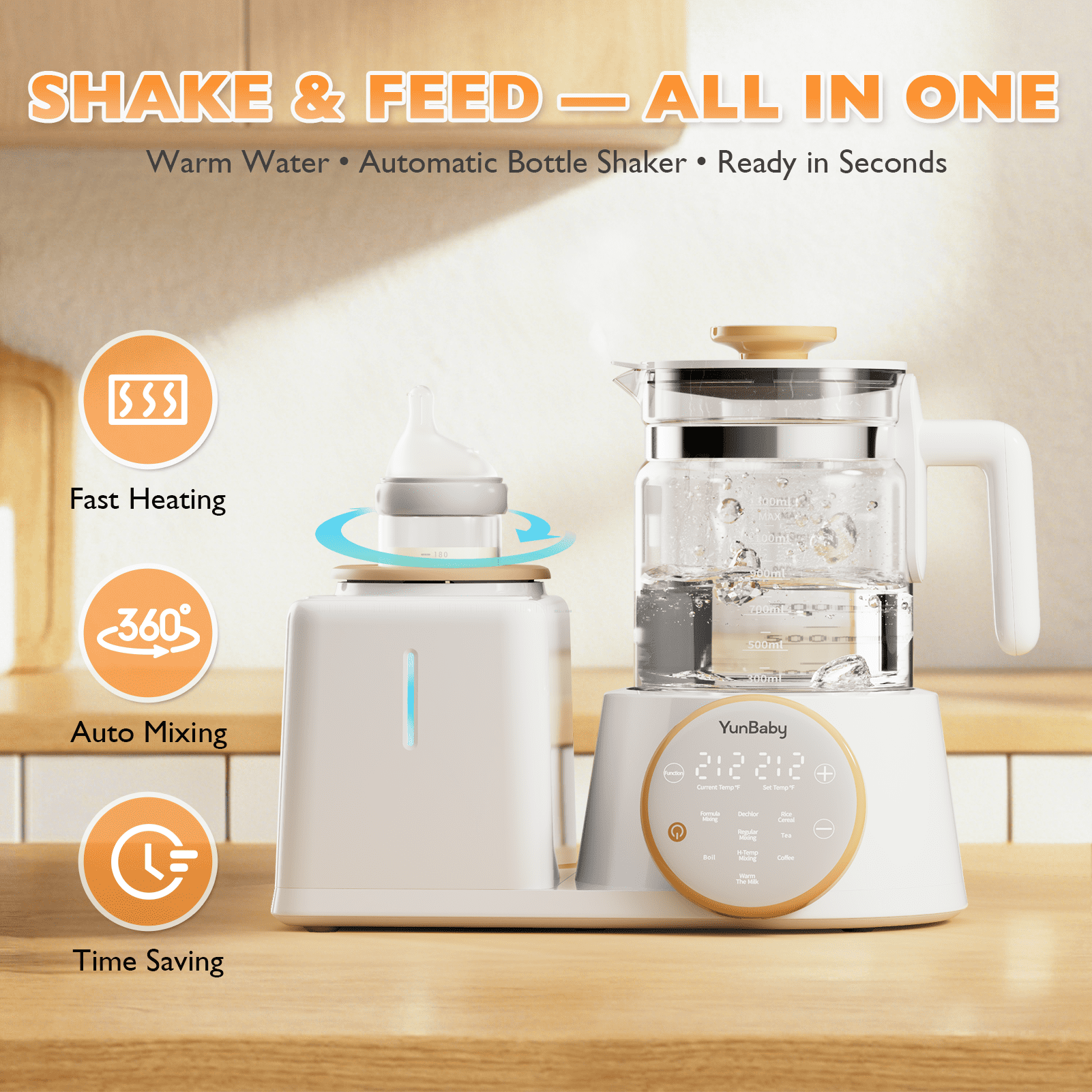 YunBaby 2-in-1 Baby Bottle Warmer & Formula Maker with Electric Kettle, Automatic Rotating Bottle Shaker, Fast Heating Water Warmer with Temperature Control for Formula, Breastmilk & Night Feeding