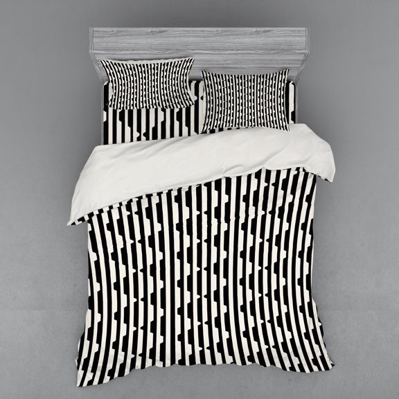 Geometric Duvet Cover Set, Abstract Retro Composition with Lines Triangle Motifs Minimalistic Design, Bedding Set with Shams and Fitted Sheet, 3 Sizes, by Ambesonne