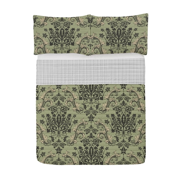Vintage Reversible Bedspread Set, Floral Retro Style Blossoming Pattern Leafs Spiraling Entangled Design of Artwork, Pillow Shams & Comforter Microfiber Bedding Set, 3 Sizes, Pale Olive, by Ambesonne